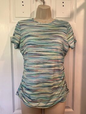 Lands' End Short Sleeve Swim Tankini Tee in Blue, Green, Yellow, Pink Stripes S